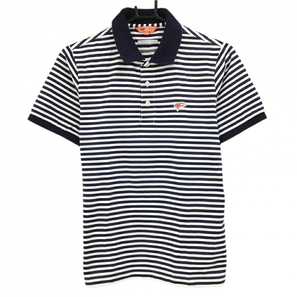 ビームスゴルフ 半袖ポロシャツ 白×ネイビー ボーダー 襟裏花柄 日本製 メンズ S ゴルフウェア BEAMS GOLF