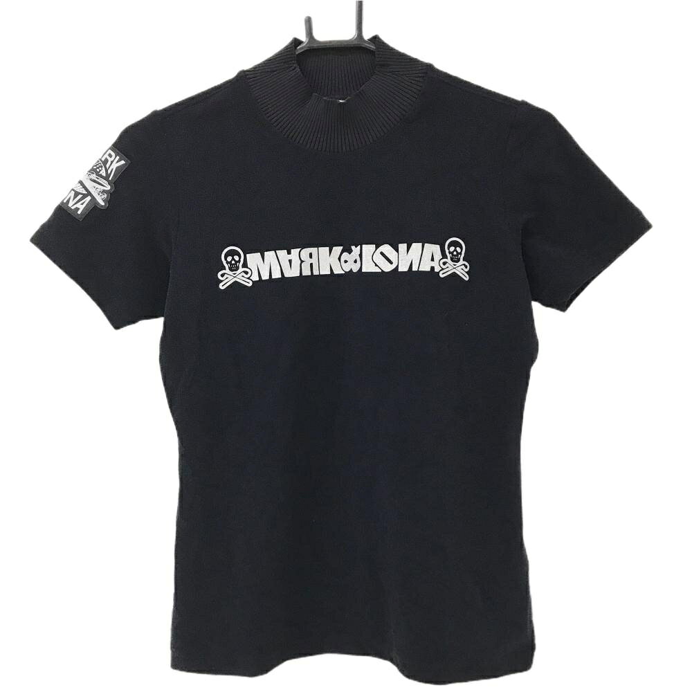 【美品】マークアンドロナ 半袖ハイネックシャツ 黒 シルバーロゴ ネックリブ スカル レディース 36(S) ゴルフウェア MARK＆LONA