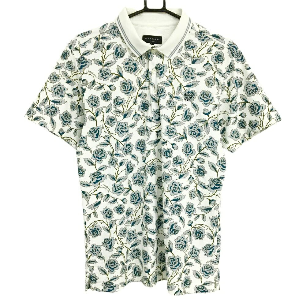 【超美品】セントアンドリュース 半袖ポロシャツ 白×グレー バラ総柄 ロゴ メンズ L ゴルフウェア St ANDREWS