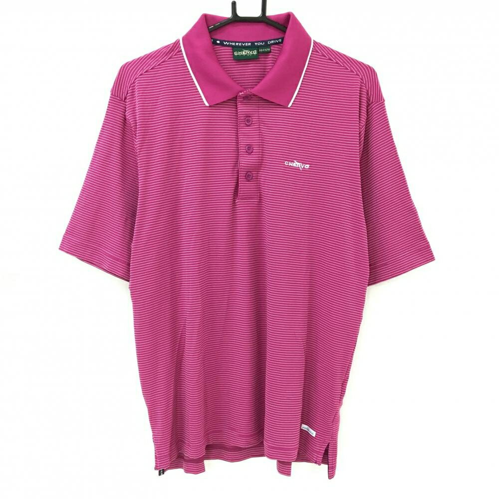 【美品】シェルボ 半袖ポロシャツ パープル系×白 ボーダー 胸ロゴ メンズ USA-L ゴ...