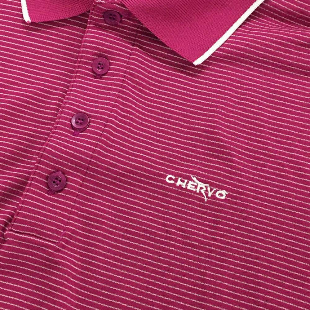 【美品】シェルボ 半袖ポロシャツ パープル系×白 ボーダー 胸ロゴ メンズ USA-L ゴ...