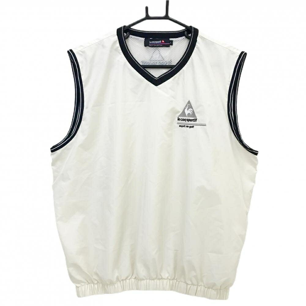 【美品】ルコックゴルフ アウターベスト アイボリー系×黒 裏メッシュ Vネック メンズ L ゴルフウェア le coq sportif