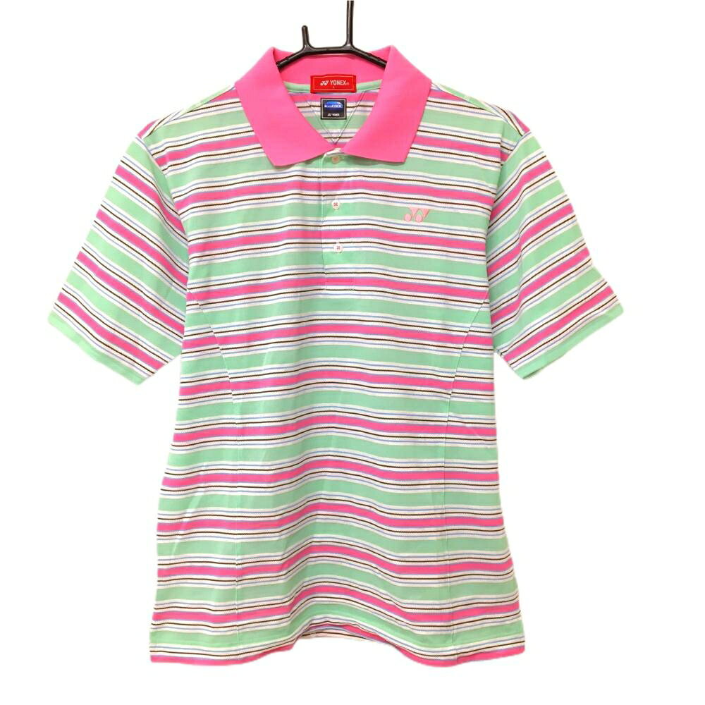 【超美品】ヨネックス 半袖ポロシャツ ミントグリーン×ピンク ボーダー VERYCOOL ロゴ刺しゅう メンズ L ゴルフウェア YONEX