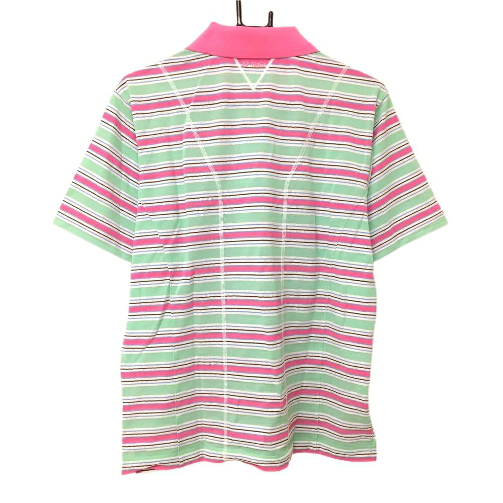 【超美品】ヨネックス 半袖ポロシャツ ミントグリーン×ピンク ボーダー VERYCOOL ロゴ刺しゅう メンズ L ゴルフウェア YONEX