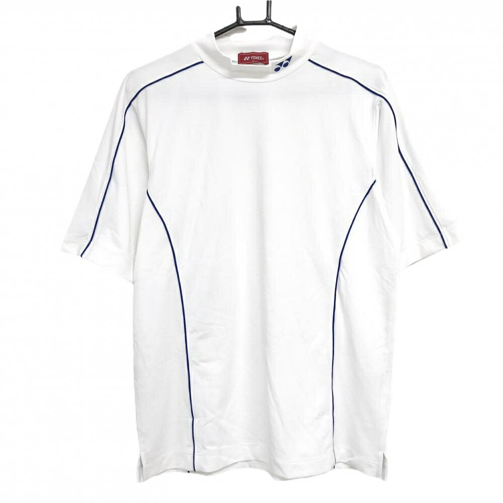 【美品】ヨネックス 半袖ハイネックシャツ 白×ブルー パイピングブルー ネックロゴ メンズ L ゴルフウェア YONEX