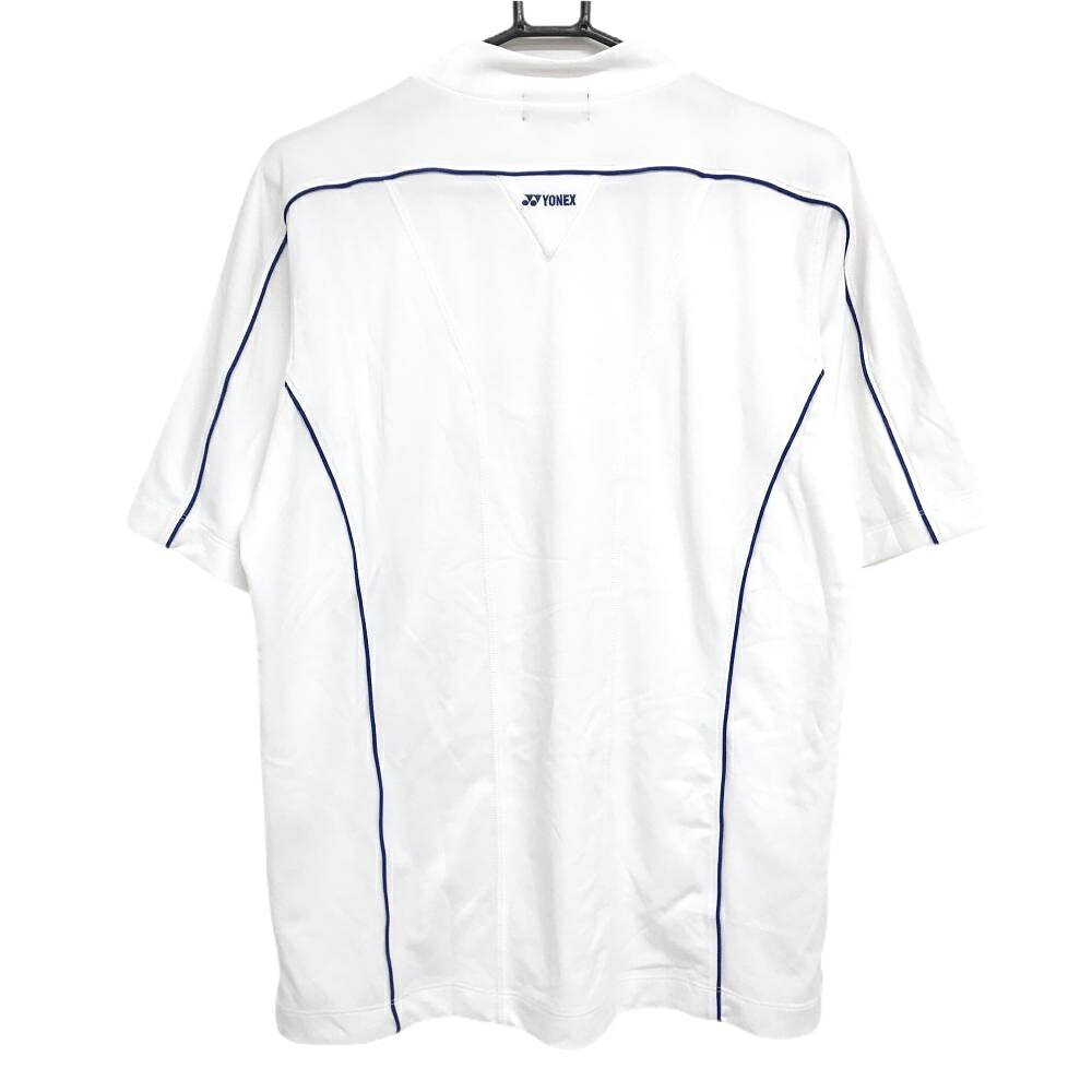 【美品】ヨネックス 半袖ハイネックシャツ 白×ブルー パイピングブルー ネックロゴ メンズ L ゴルフウェア YONEX