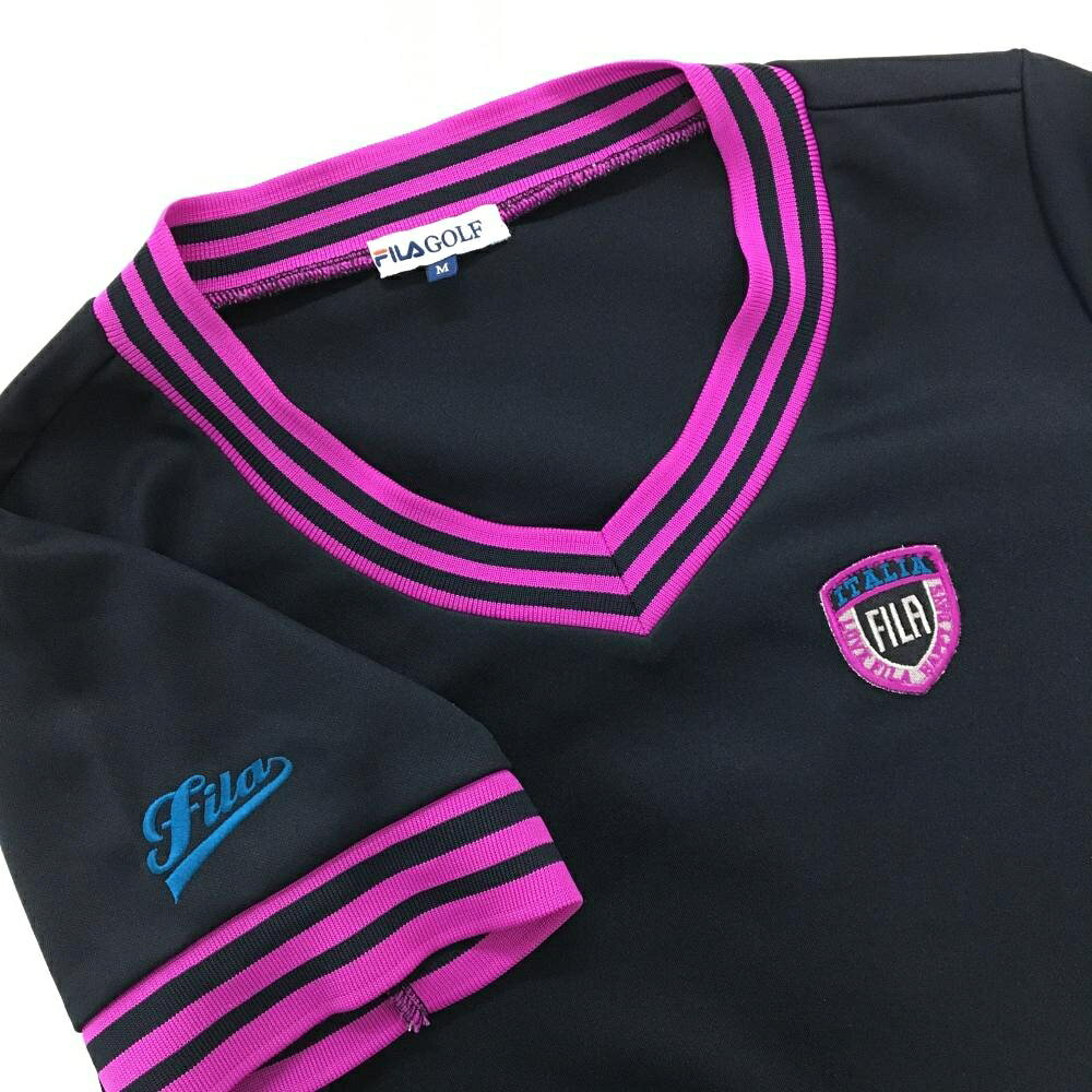 【美品】フィラゴルフ 半袖ワンピース 黒×ピンク リブボーダー Vネック レディース...