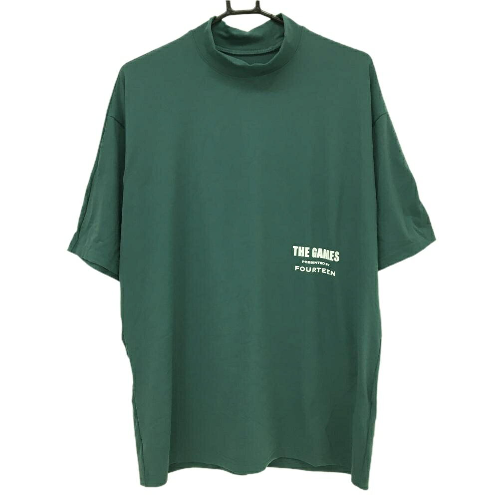 【美品】フォーティーン 半袖ハイネックシャツ グリーン×白 背面プリント メンズ L ゴルフウェア FOURTEEN