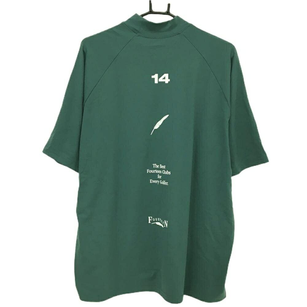 【美品】フォーティーン 半袖ハイネックシャツ グリーン×白 背面プリント メンズ L ゴルフウェア FOURTEEN