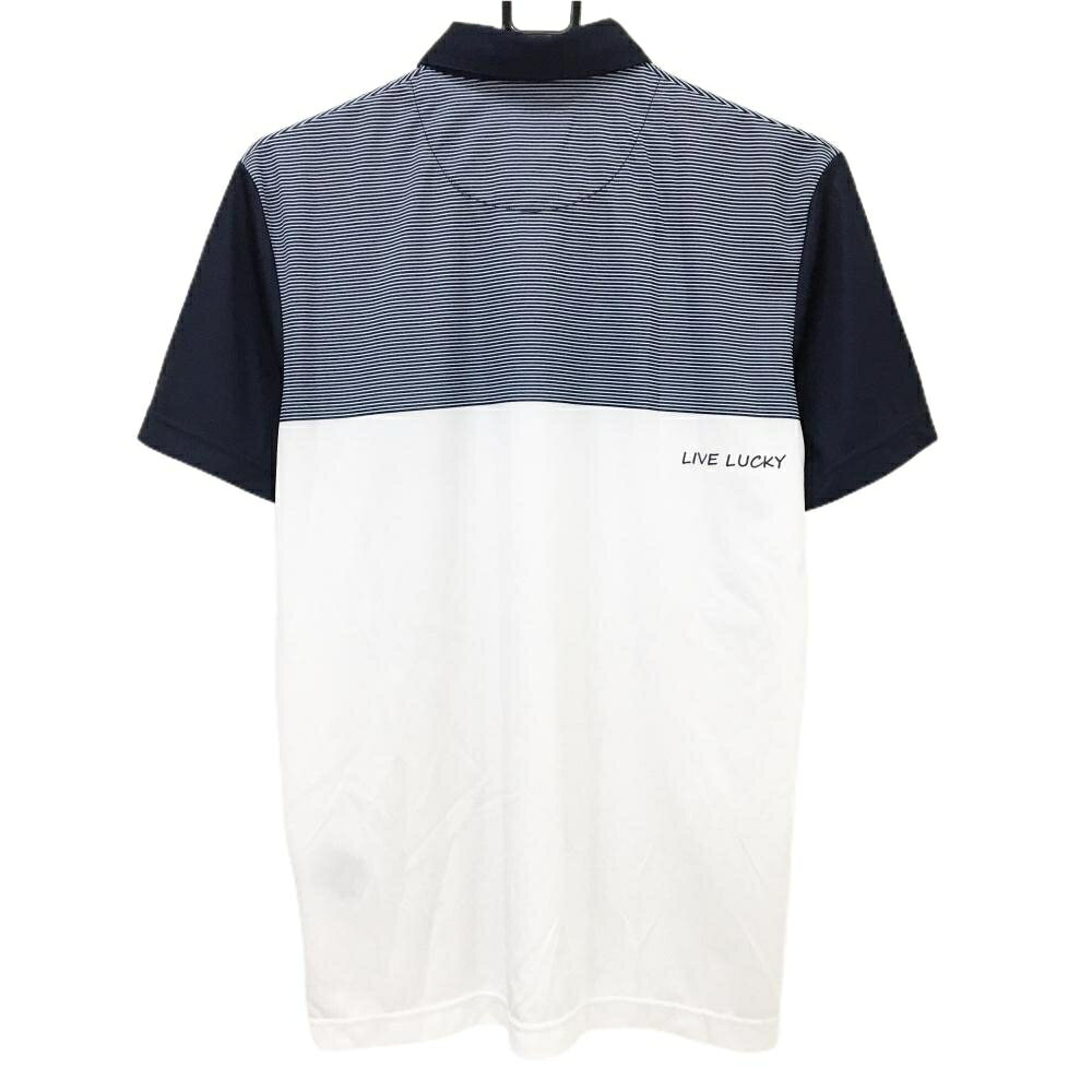 【美品】ブラッククローバー 半袖ポロシャツ 白×ネイビー 一部ボーダー 胸ポケット メンズ L ゴルフウェア BLACK CLOVER