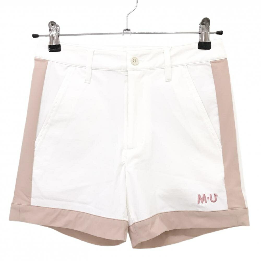 【新品】MUスポーツ ショートパンツ 白×ピンク バイカラー 裾ロゴ ボーンワッペン レディース 44(XL) ゴルフウェア M・U SPORTS