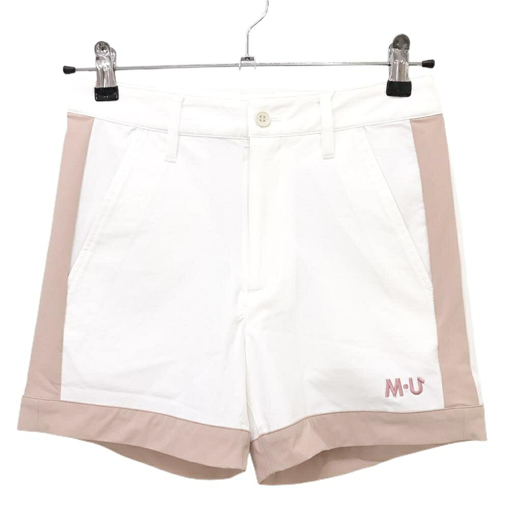 【新品】MUスポーツ ショートパンツ 白×ピンク バイカラー 裾ロゴ ボーンワッペン レディース 44(XL) ゴルフウェア M・U SPORTS