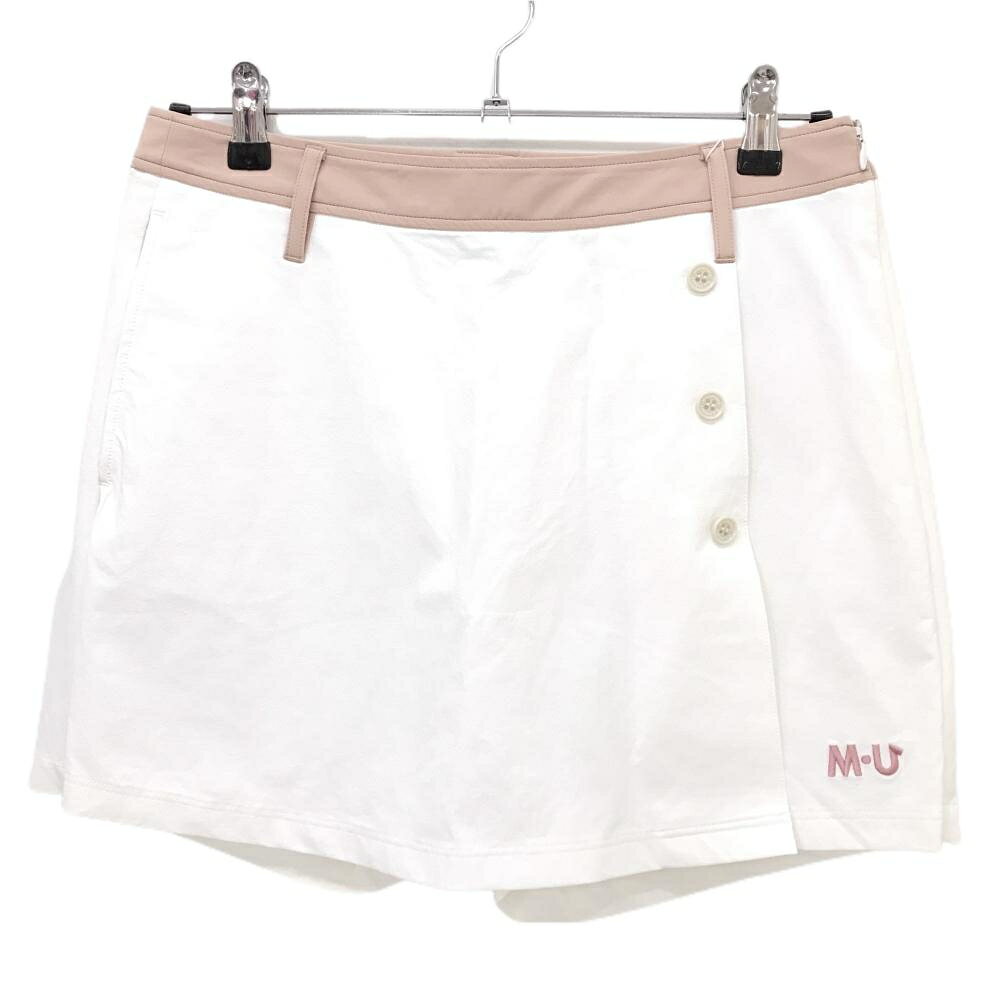 【新品】MUスポーツ キュロットスカート 白×ピンク バイカラー 裾ロゴ ボーンワッペン レディース 42(L) ゴルフウェア M・U SPORTS