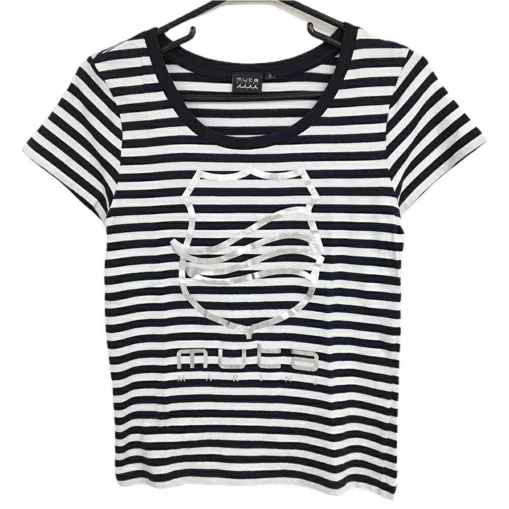 【超美品】ムータ Tシャツ 白×ネイビー ボーダー 前面シルバープリント コットン100％ レディース S ゴルフウェア muta