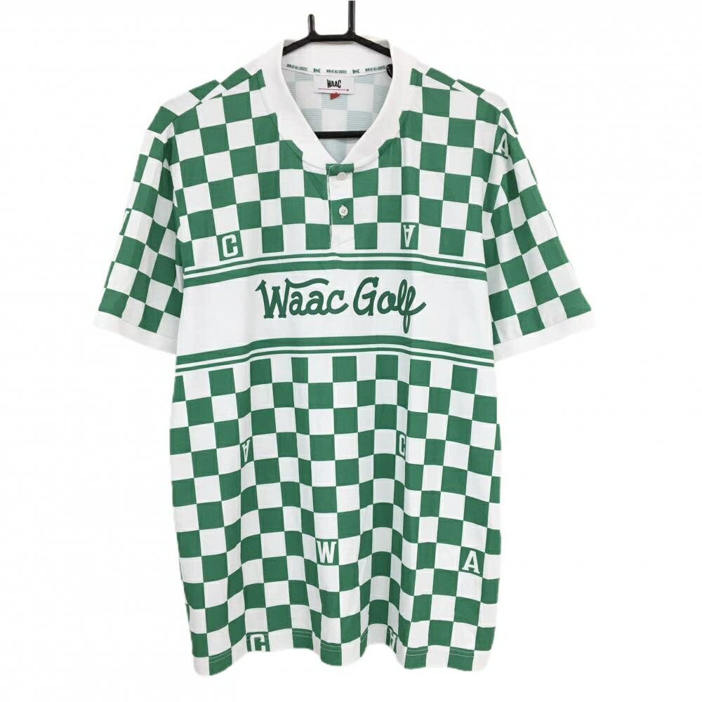 【超美品】ワック 半袖ポロシャツ 白×グリーン ブロックチェック スタンドカラー メンズ 4(XL) ゴルフウェア WAAC
