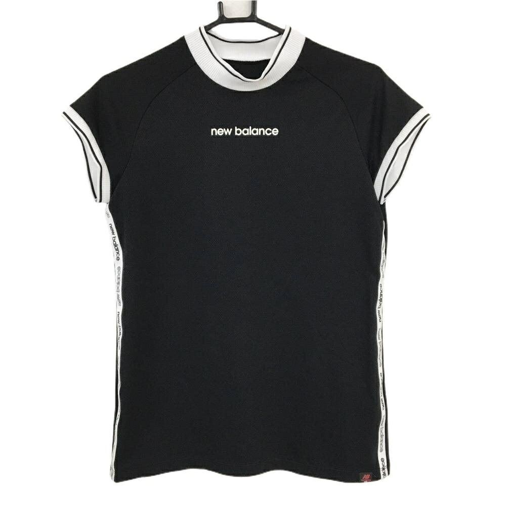 【美品】ニューバランスゴルフ 半袖ハイネックシャツ 黒×白 ネック・袖口メッシュ レディース 2(L) ゴルフウェア New Balance