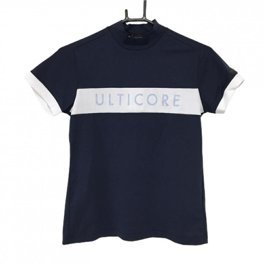 【新品】ブリヂストン 半袖ハイネックシャツ ネイビー×白 ULTICORE 胸元プリント バイカラー レディース M ゴルフウェア Bridgestone