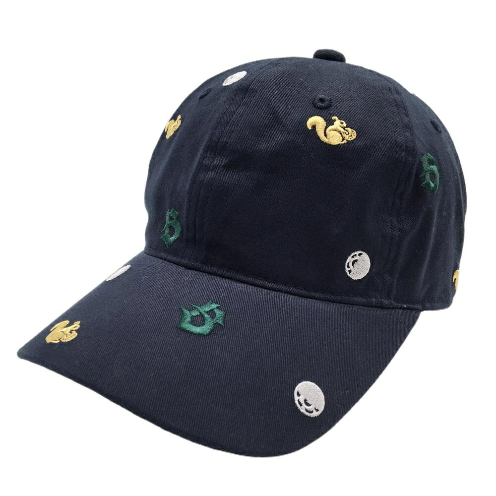 【美品】ビームスゴルフ キャップ ネイビー×グリーン×イエロー 総柄刺しゅう リス ゴルフウェア BEAMS GOLF
