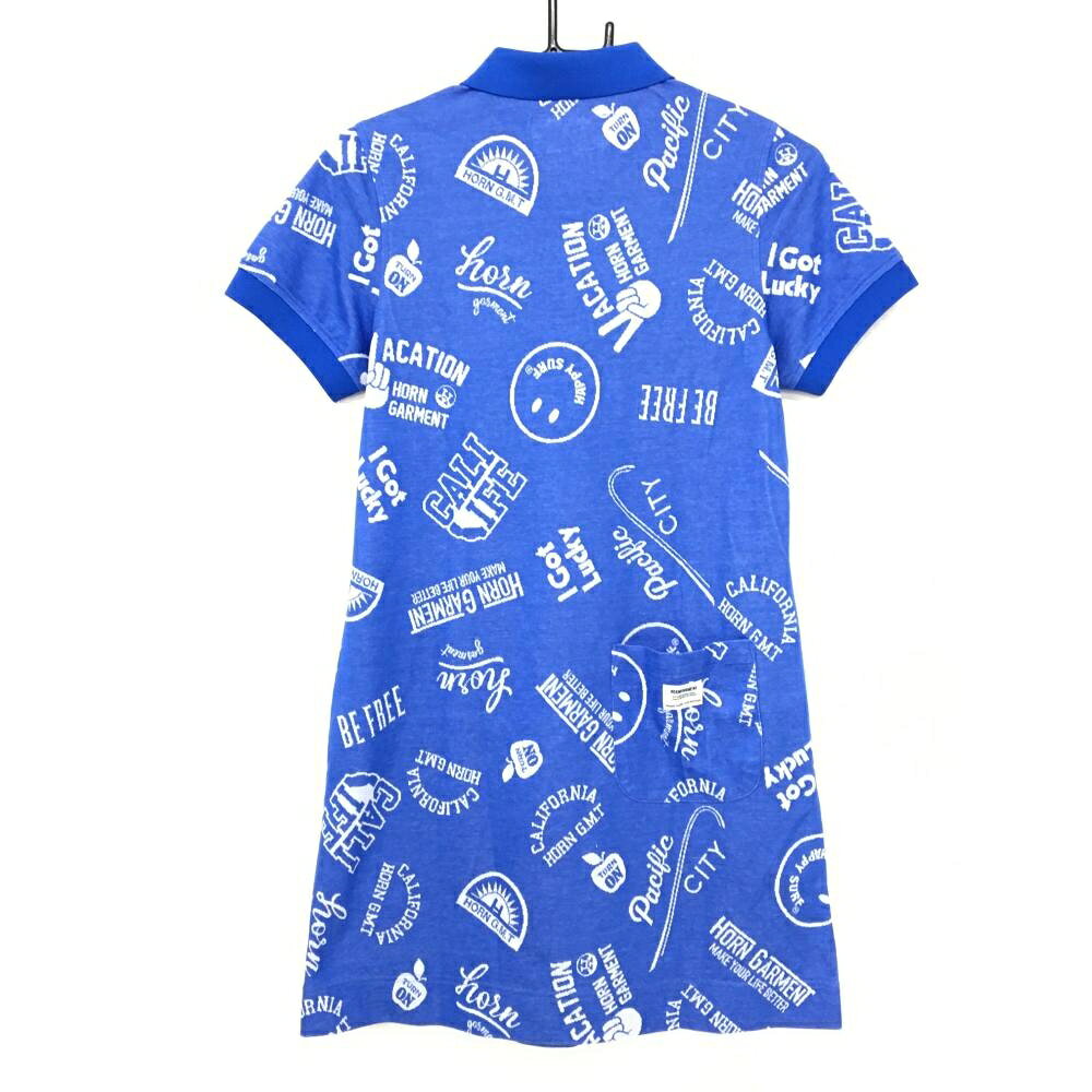 【美品】ホーンガーメント 半袖ポロワンピース ブルー系×白 総柄 レディース 38(L) ゴルフウェア HORN GARMENT