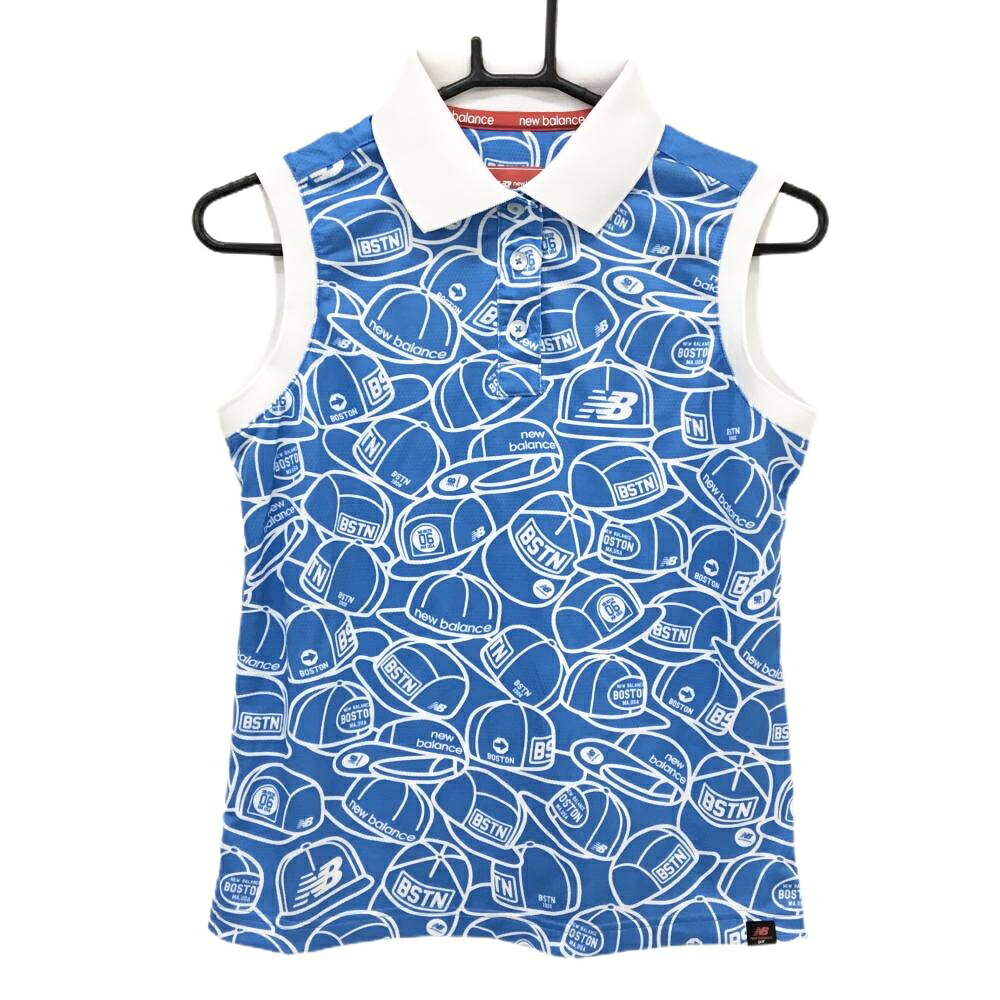 【美品】ニューバランスゴルフ ノースリーブポロシャツ ライトブルー×白 前面キャップ総柄 レディース 1(M) ゴルフウェア New Balance