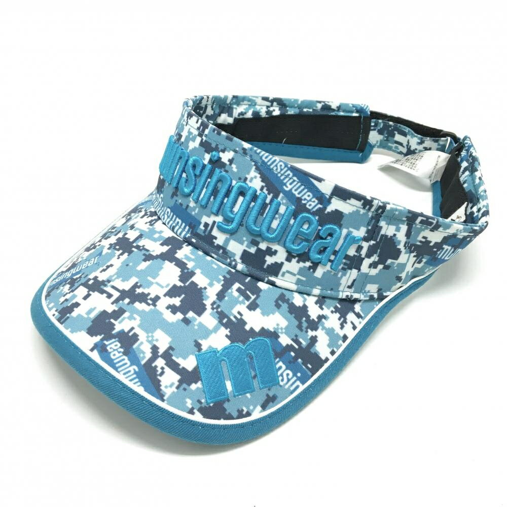 【美品】マンシングウェア サンバイザー ブルー系×グレー 総柄 F(55-59cm） ゴルフウェア Munsingwear