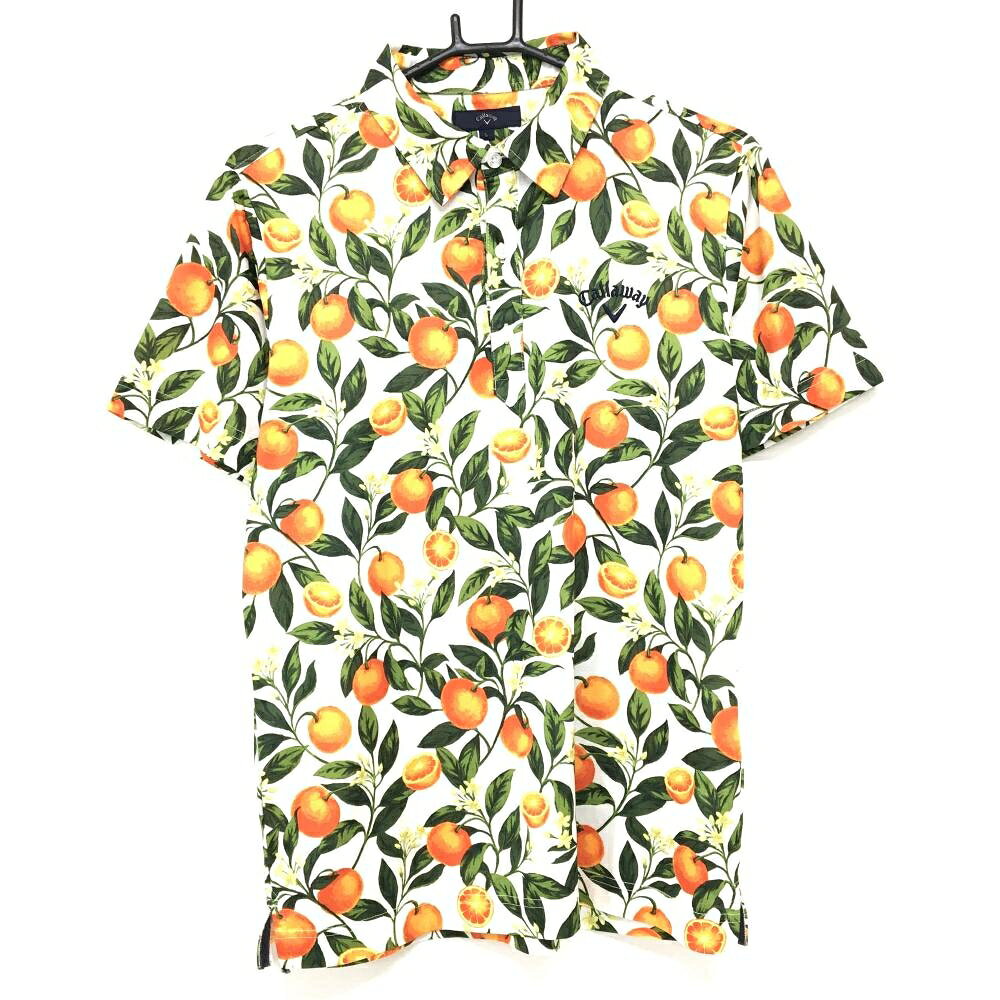 【25%OFFクーポン配布中！9/14まで】【美品】キャロウェイ 半袖ポロシャツ 白×オレンジ オレンジ総柄 ロゴ刺しゅう メンズ L ゴルフウェア Callaway