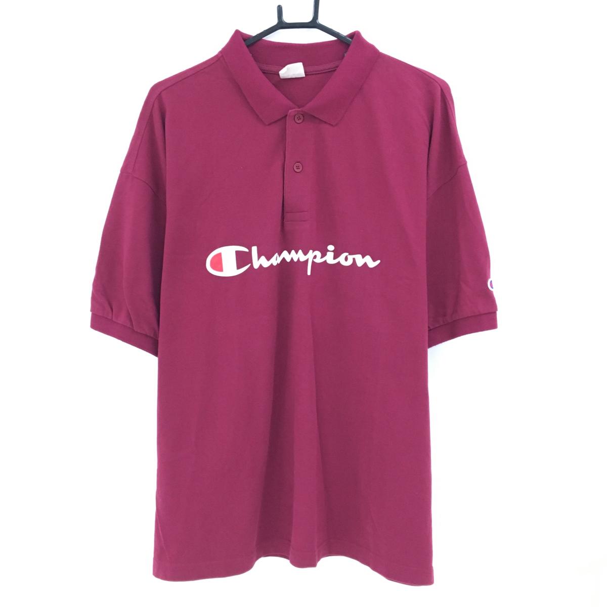 【美品】チャンピオン 半袖ポロシャツ ピンクパープル系 綿100％ フロントロゴ メンズ LARGE ゴルフウェア Champion