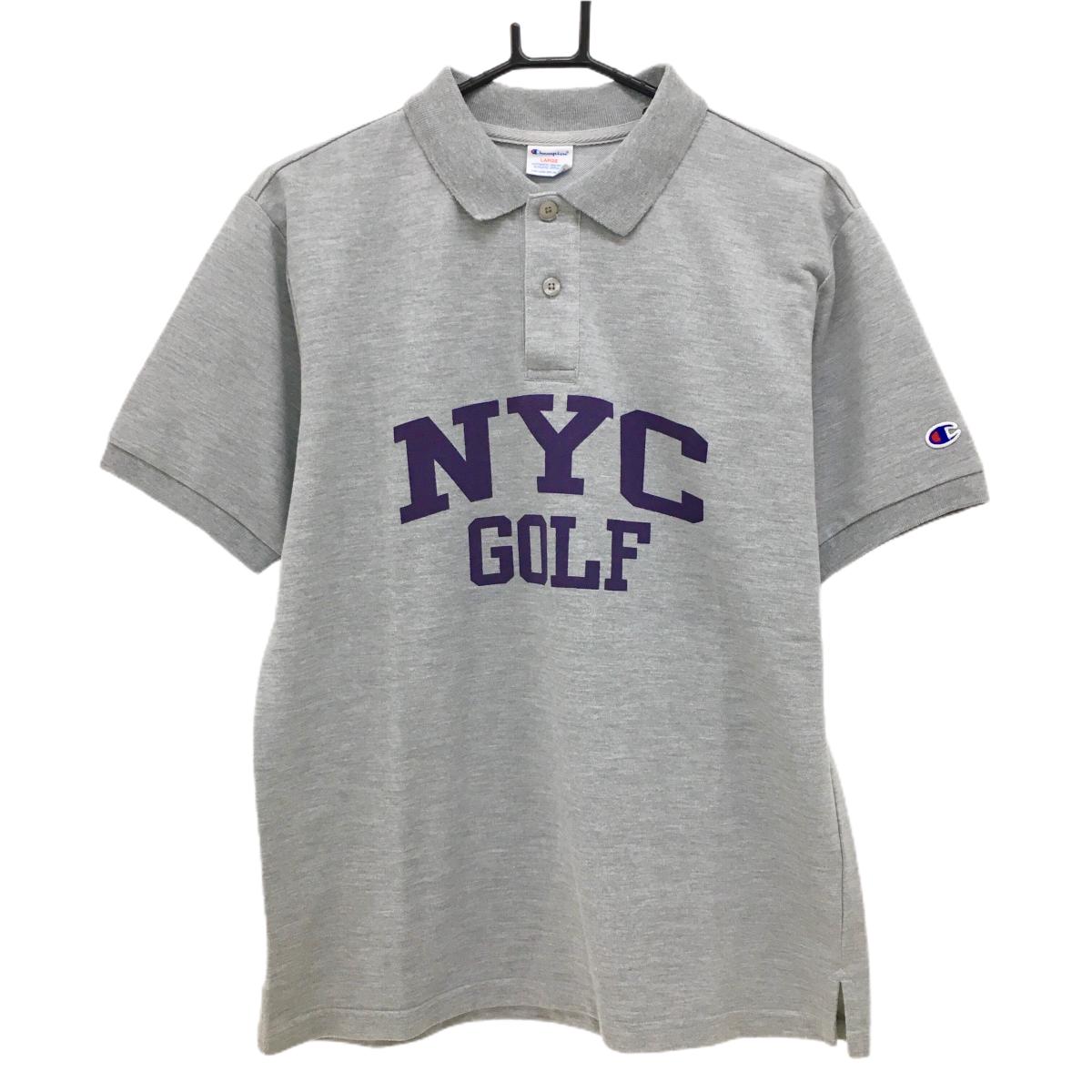 チャンピオン 半袖ポロシャツ グレー ビッグプリント メンズ LARGE ゴルフウェア Champion