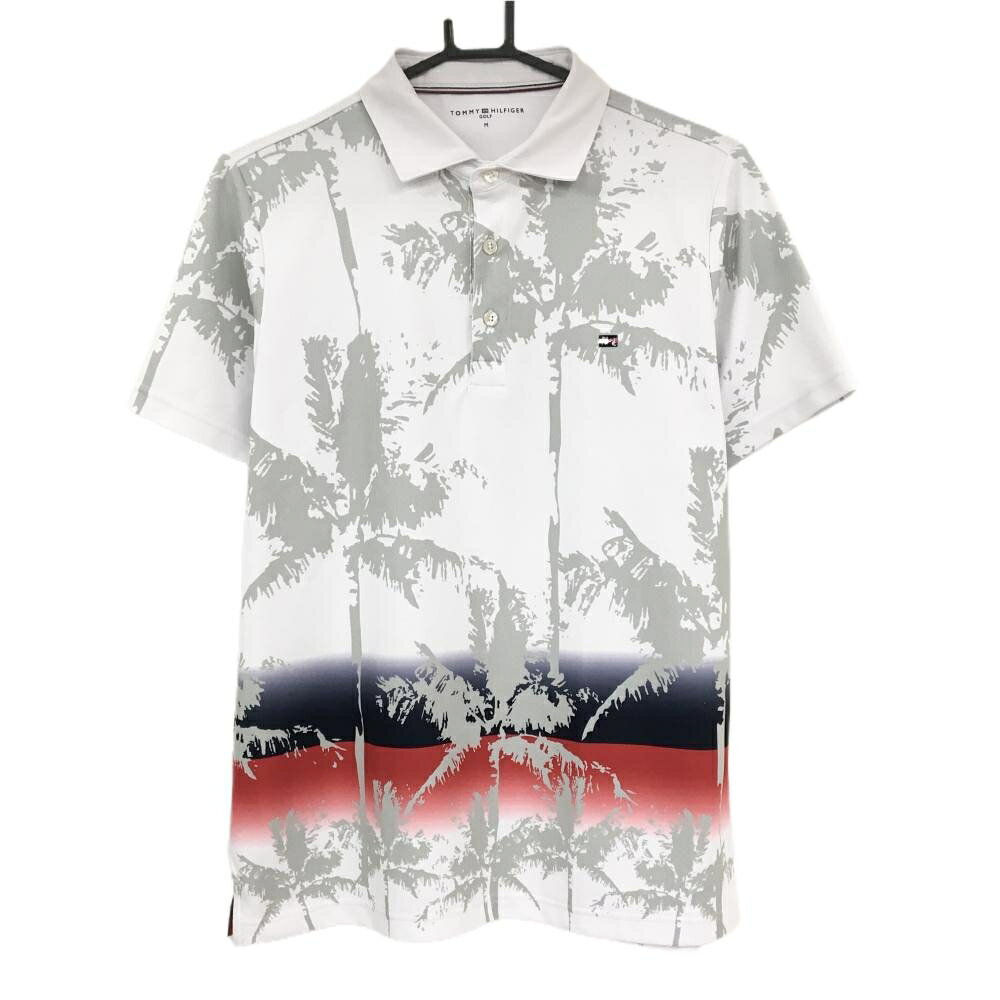トミーヒルフィガー 半袖ポロシャツ 白×グレー×レッド 総柄 メンズ M ゴルフウェア Tommy Hilfiger Golf