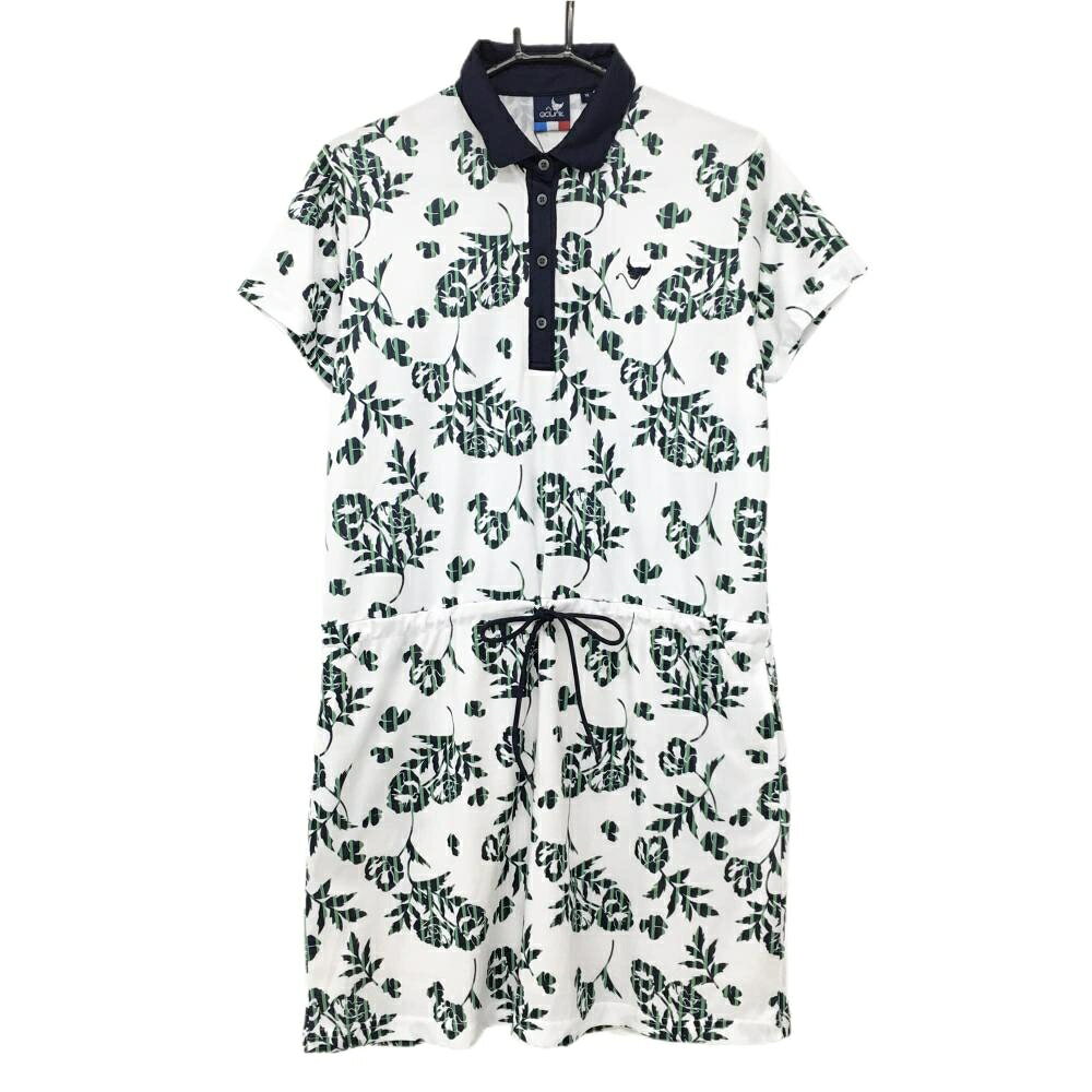 【新品】クランク 半袖ポロワンピース 白×ネイビー×グリーン 花柄 裏地付 UPF50 吸汗速乾 レディース XL ゴルフウェア CLUNK