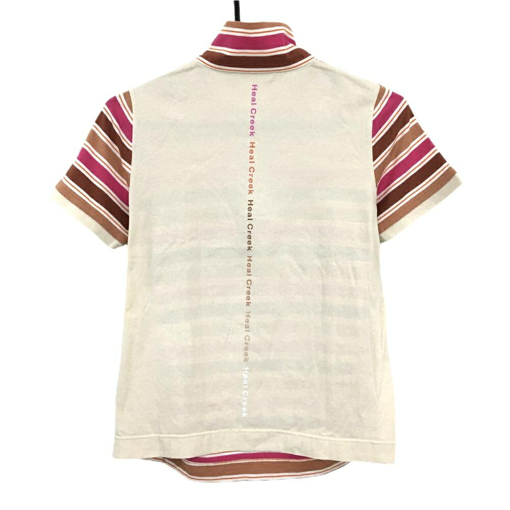 【美品】ヒールクリーク 半袖ハイネックシャツ ベージュ×ブラウン×ピンク レディース 40(M) ゴルフウェア Heal Creek