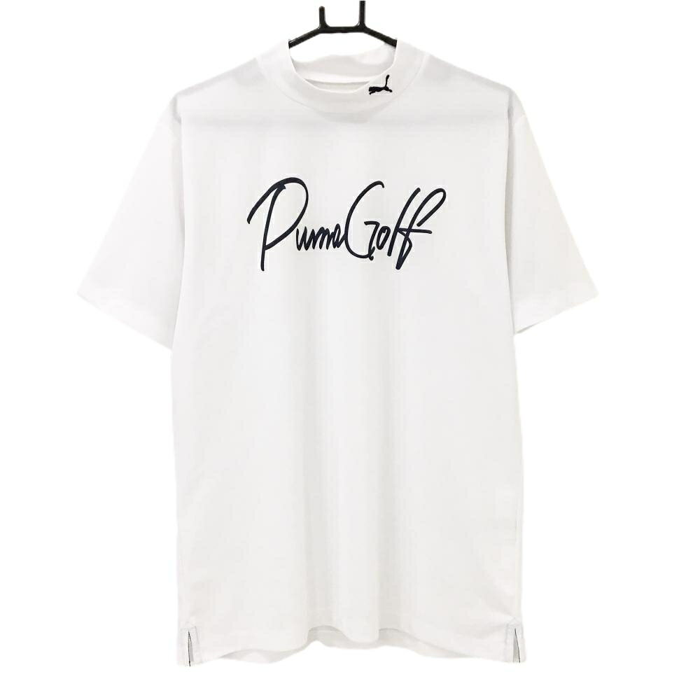 【超美品】プーマゴルフ 半袖ハイネックシャツ 白×ネイビー ロゴプリント メンズ XXL ゴルフウェア PUMA