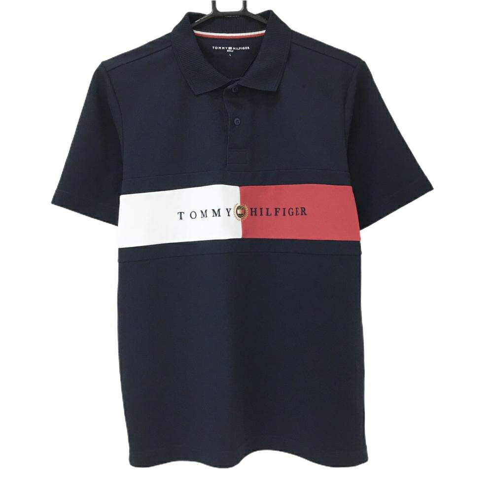 トミーヒルフィガー 半袖ポロシャツ ネイビー×レッド 胸元切替 トリコロール メンズ L ゴルフウェア Tommy Hilfiger Golf