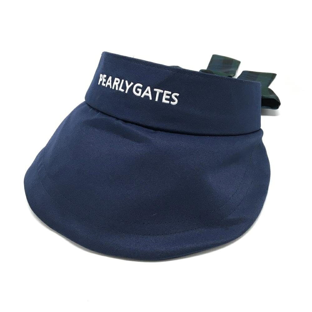 【美品】パーリーゲイツ つば広サンバイザー ネイビー 後ろリボン レディース FR ゴルフウェア PEARLY GATES