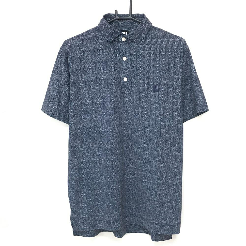 【超美品】フットジョイ 半袖ポロシャツ ネイビー×白 総柄 ボタンダウン メンズ L ゴルフウェア FootJoy
