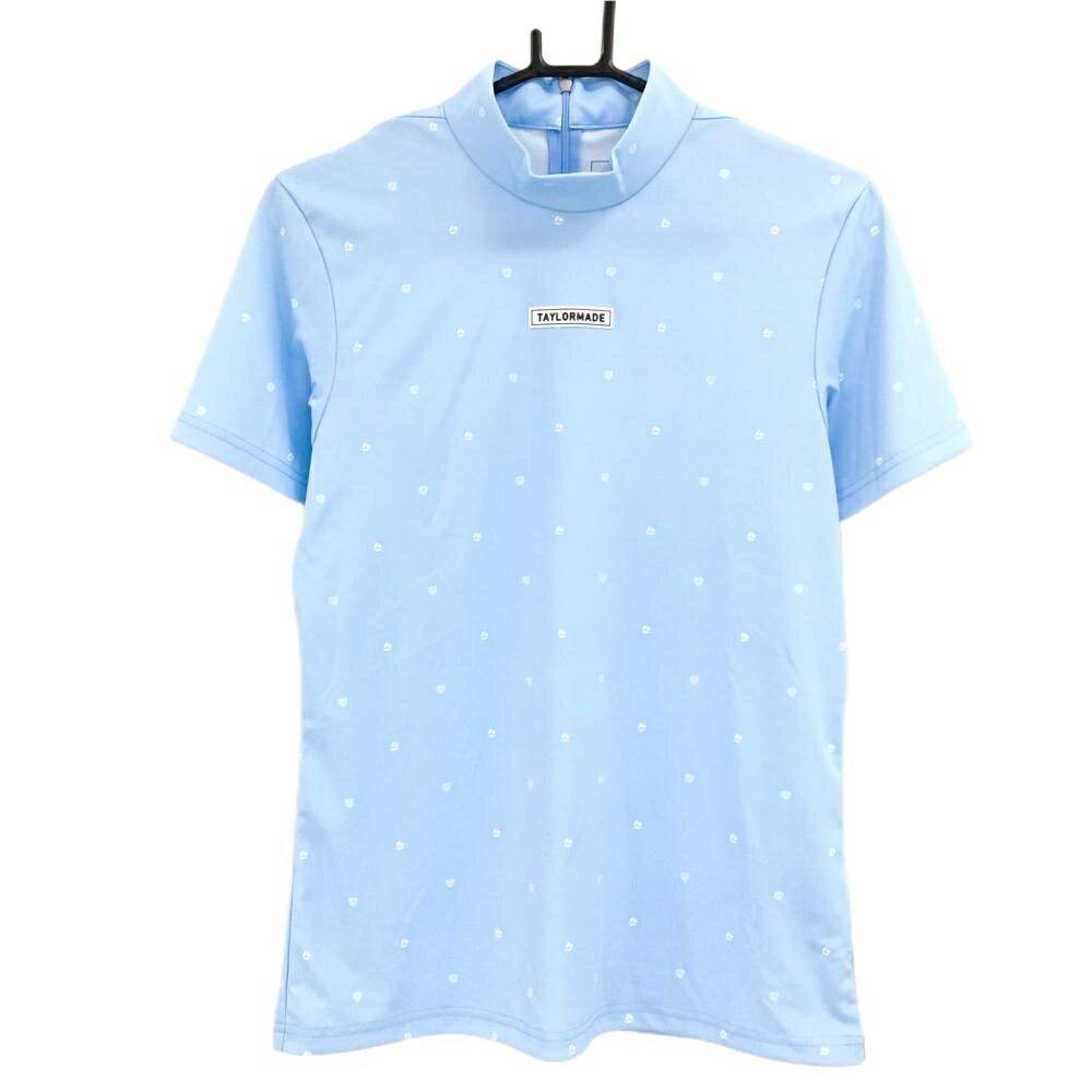 【美品】テーラーメイド 半袖ハイネックシャツ ライトブルー×白 ロゴ総柄 レディース O ゴルフウェア TaylorMade