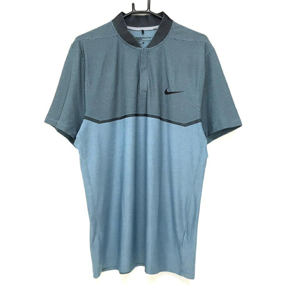 【美品】ナイキゴルフ 半袖ポロシャツ スモーキーブルー×黒 スタンドカラー スナップボタン メンズ L G　G ゴルフウェア NIKE