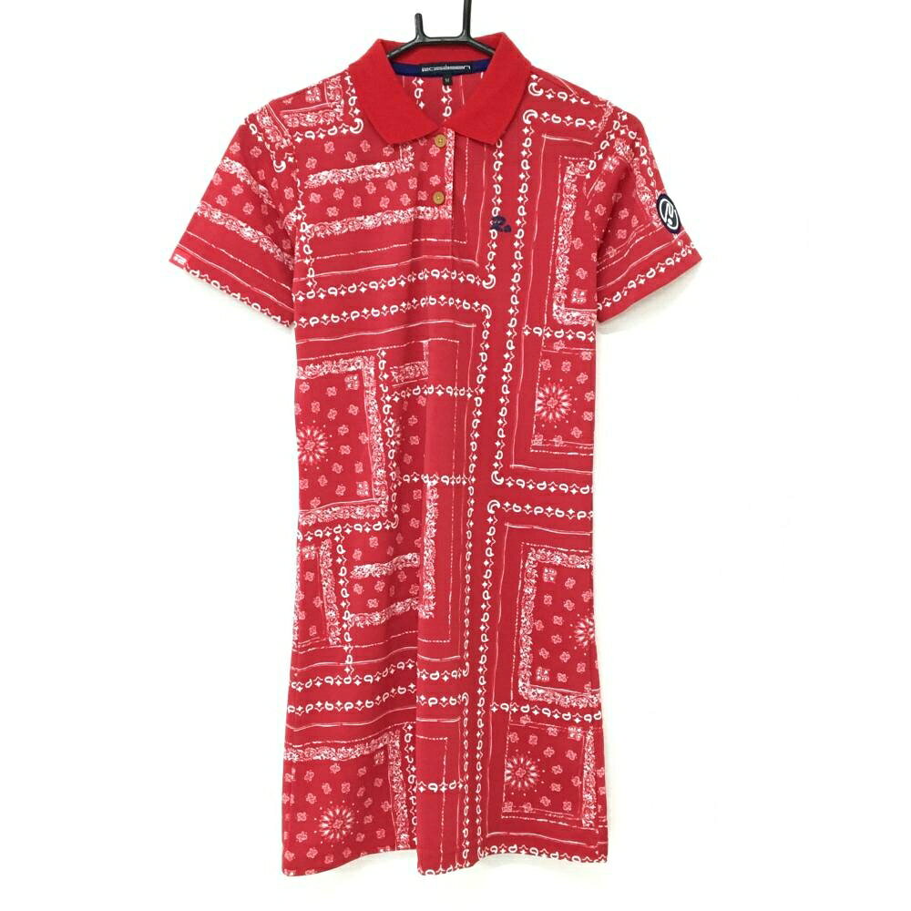 【超美品】ロサーセン 半袖ポロワンピース レッド×白 ペイズリー柄 総柄 袖ワッペン レディース M ゴルフウェア Rosasen