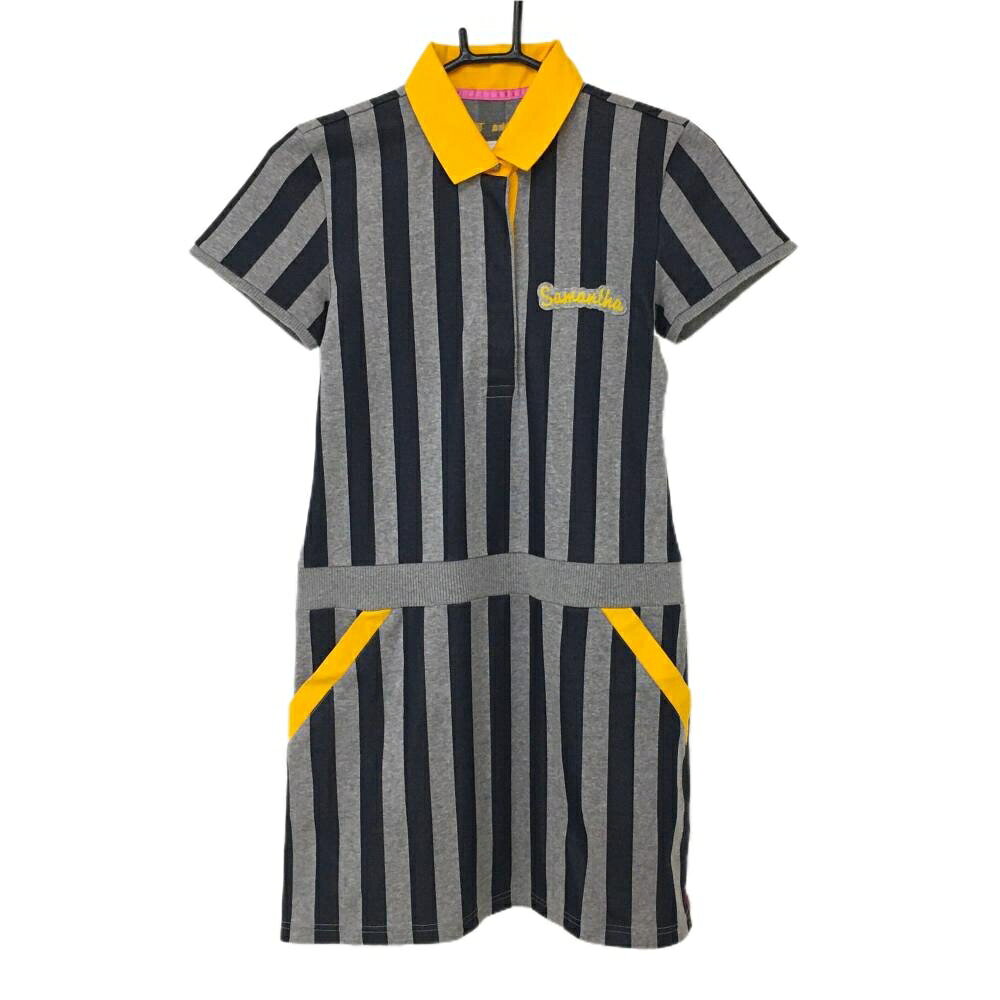 【美品】サマンサタバサ 半袖ワンピース 杢グレー×ネイビー×イエロー レディース 38(M) ゴルフウェア Samantha Thavasa