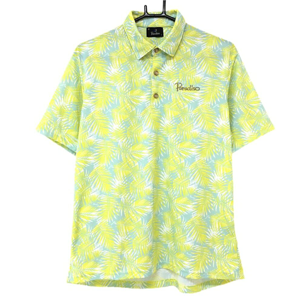 【超美品】パラディーゾ 半袖ポロシャツ ミントグリーン×イエロー系 リーフ総柄 メンズ L ゴルフウェア Paradiso