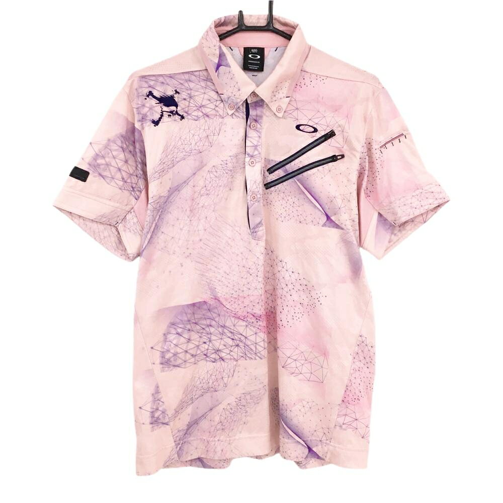 【超美品】オークリー 半袖ポロシャツ ライトピンク×パープル 総柄 ロゴ刺しゅう ティー装着可 メンズ XL ゴルフウェア Oakley