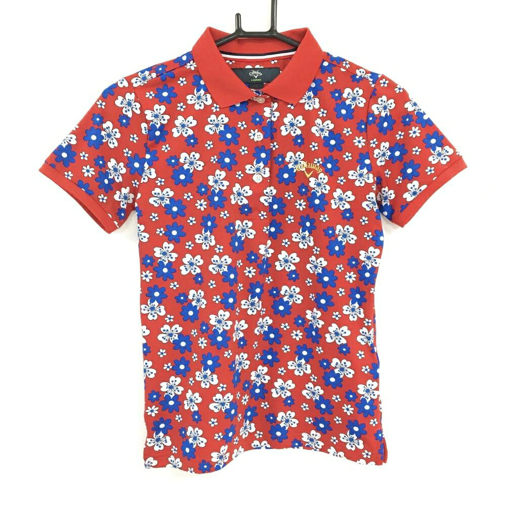 【超美品】キャロウェイ 半袖ポロシャツ レッド×ブルー 花柄 ロゴ刺しゅう レディース S ゴルフウェア Callaway