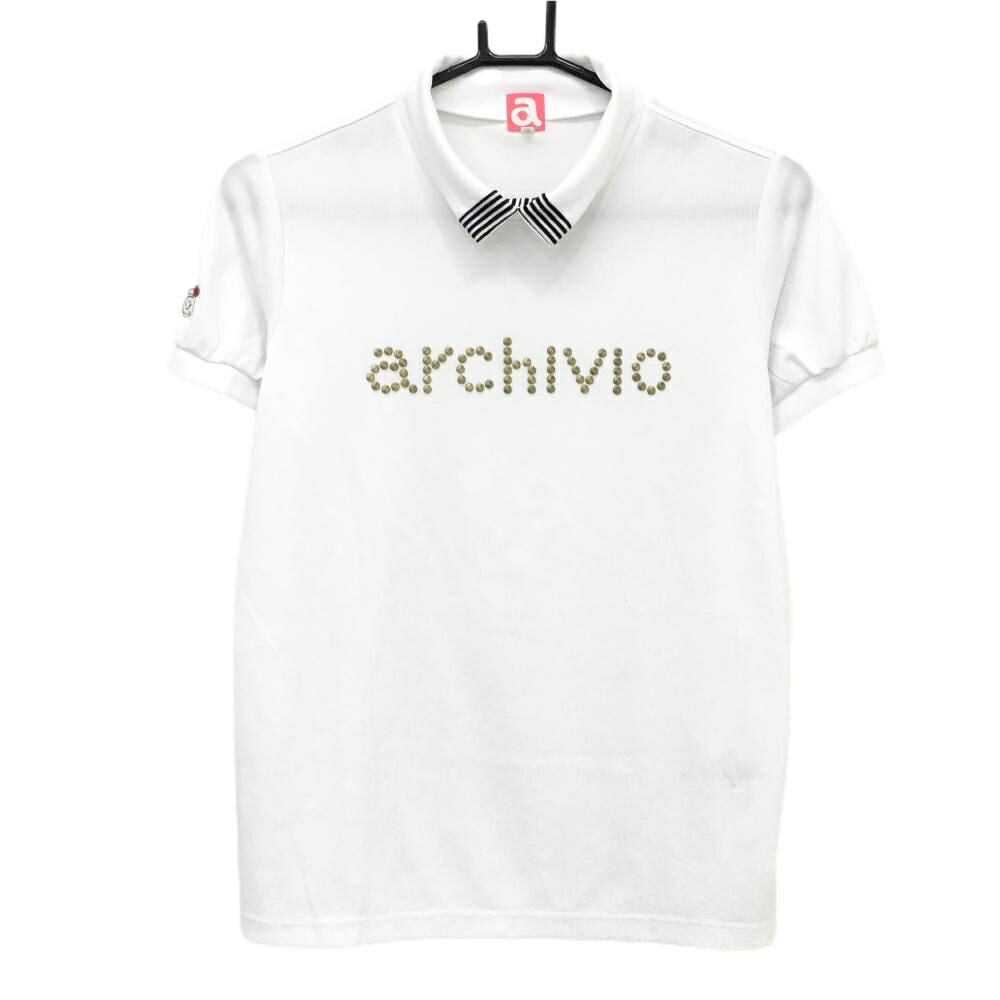 【超美品】アルチビオ 襟付き半袖シャツ 白 ネック一部ストライプ ゴールドロゴ レディース 40(L) ゴルフウェア archivio