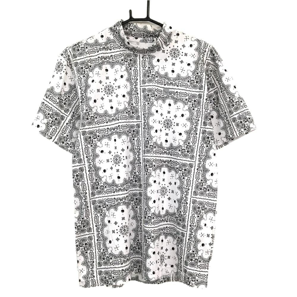 ニューエラ 半袖ハイネックシャツ 白×黒 総柄 後ろロゴプリント メンズ MEDIUM ゴルフウェア New Era