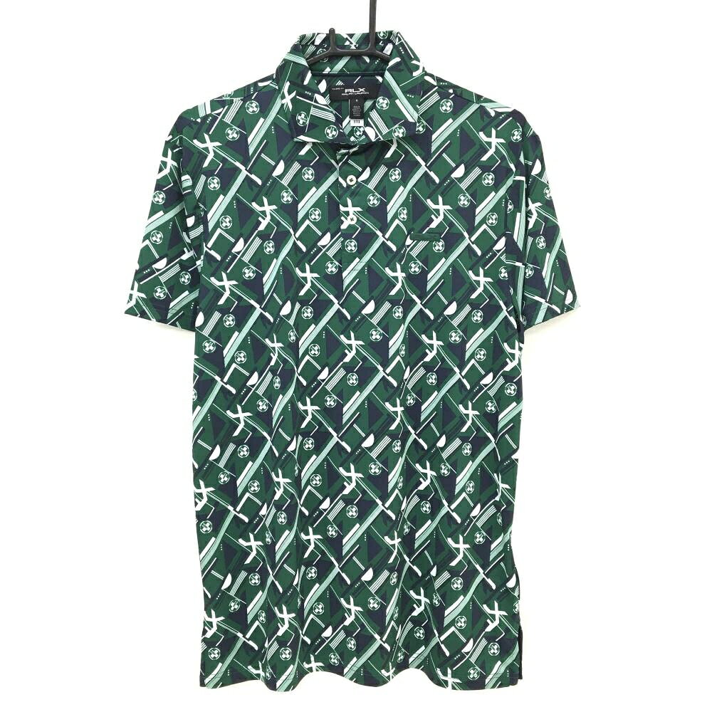 【超美品】RLXラルフローレン 半袖ポロシャツ グリーン×ネイビー 総柄 胸元ロゴ メンズ M ゴルフウェア Ralph Lauren