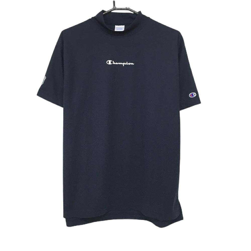 【超美品】チャンピオン 半袖ハイネックシャツ ネイビー×白 ロゴプリント メンズ X-LARGE ゴルフウェア Champion