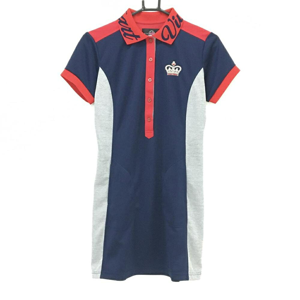 【美品】ビバハート 半袖ポロワンピース ネイビー×杢グレー×レッド 襟ロゴ レディース 40(M) ゴルフウェア VIVA HEART