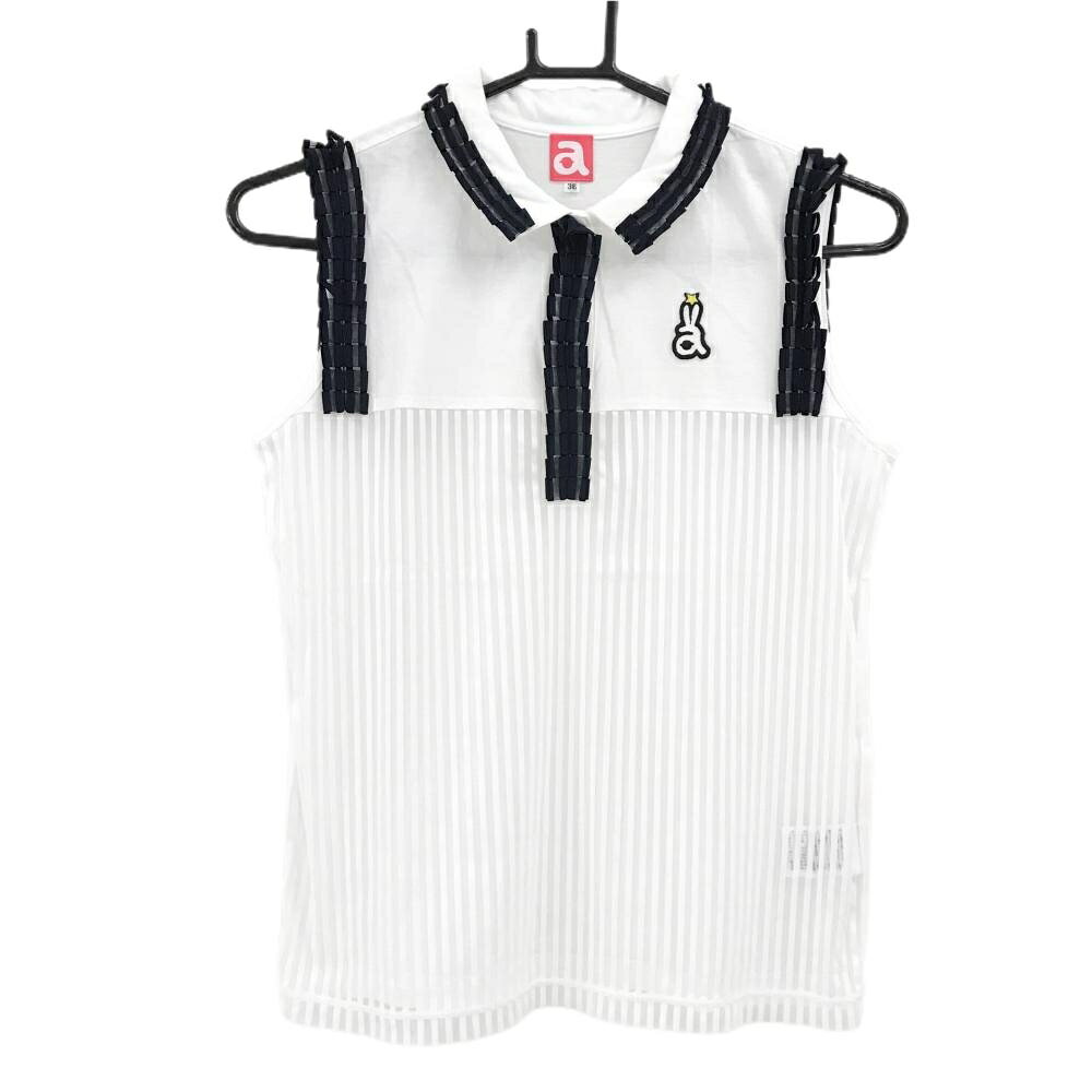 【超美品】アルチビオ ノースリーブポロシャツ 白×ネイビー 前裾透け感 レディース 36(S) ゴルフウェア archivio