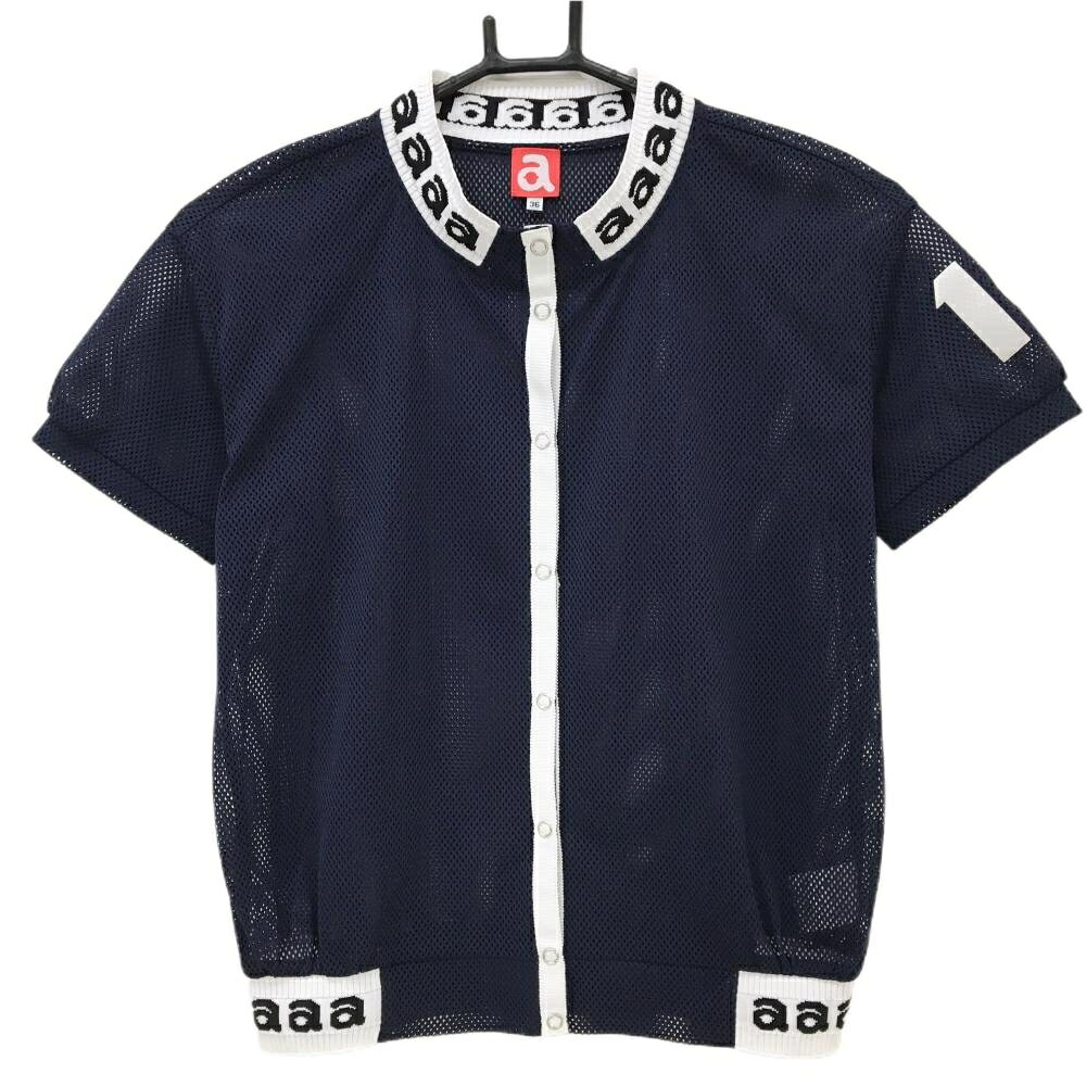 【超美品】アルチビオ 半袖ジャケット ネイビー×白 メッシュ 透け感 ネック・裾ロゴ レディース 36(S) ゴルフウェア archivio