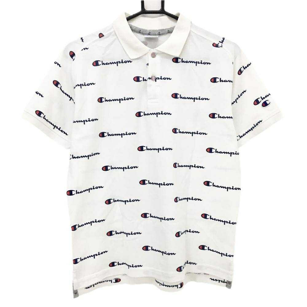チャンピオン 半袖ポロシャツ 白×ネイビー×レッド ロゴ総柄 メンズ MEDIUM ゴルフウェア Champion